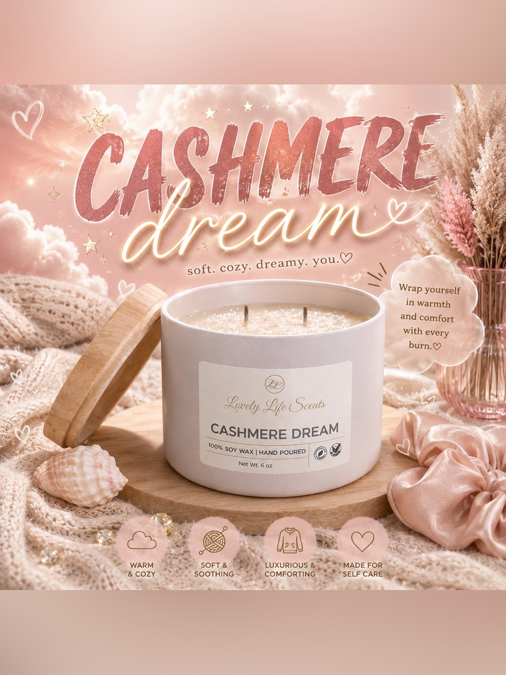 Cashmere Dream 6 oz Double Wick Premium Soy Candle - Lovely Life Scents